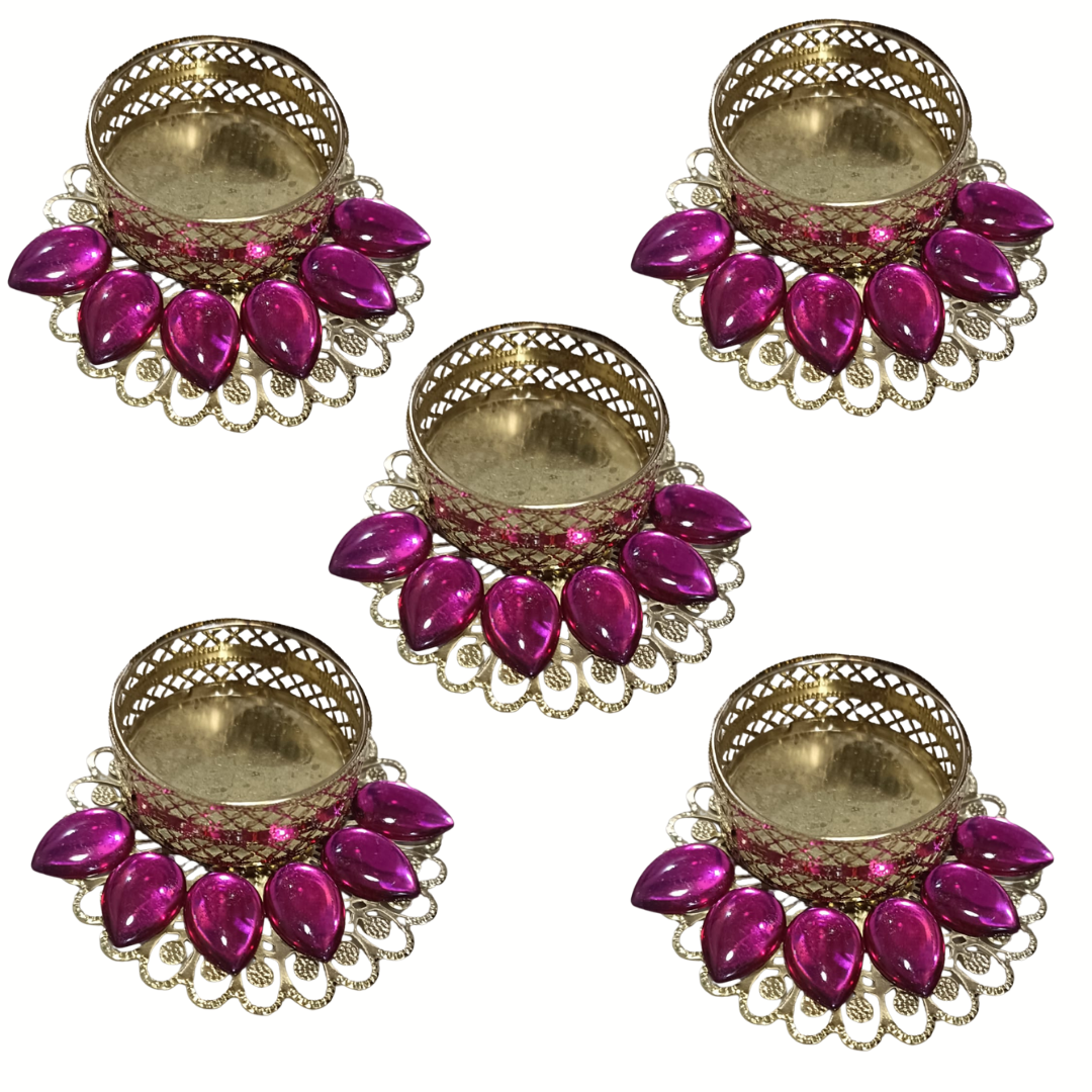 Fancy Diwali Diya - Pink Stones - Set of 5 pcs