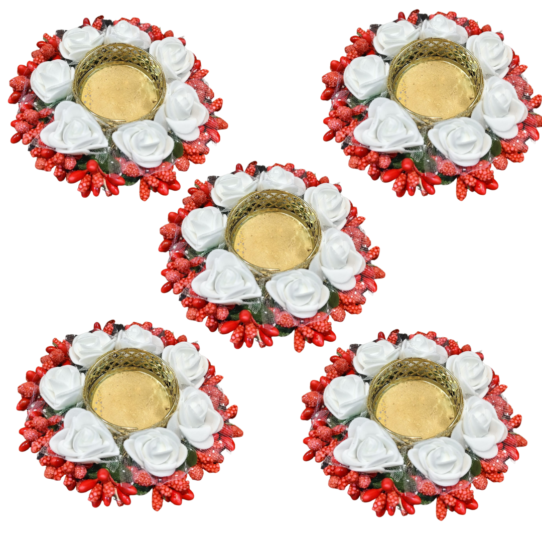 Fancy Diwali Diya - White & Red - Set of 5 pcs