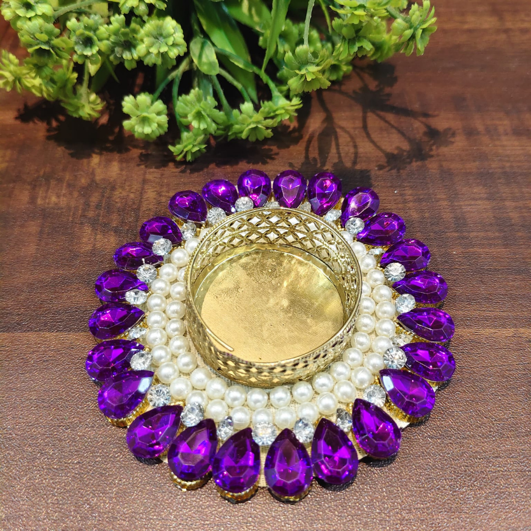 Fancy Diwali Diya - Purple Crystals - Set of 5 pcs