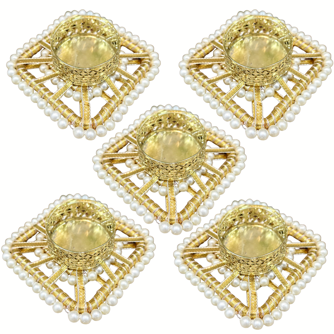 Fancy Diwali Diya - Gold & Pearl - Set of 5 pcs