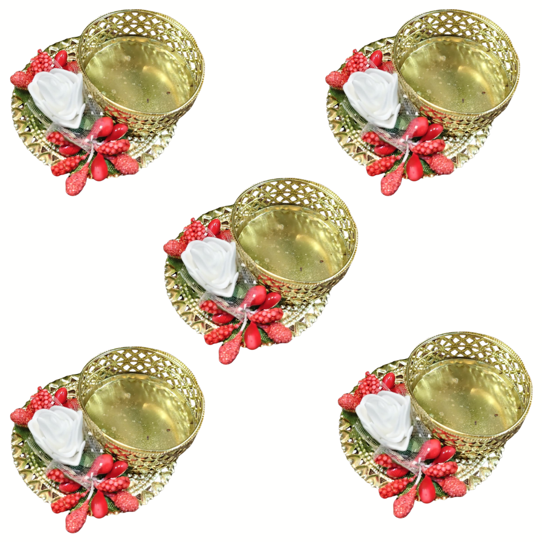 Fancy Metal Diya - White Rose - Set of 5 pcs.