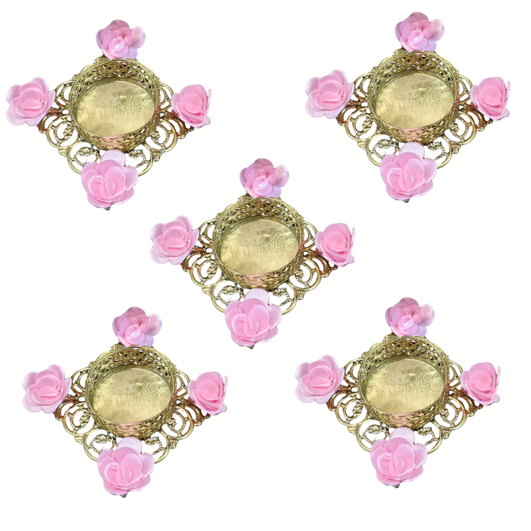 Fancy Metal Diya - Pink Roses - Set of 5 pcs.
