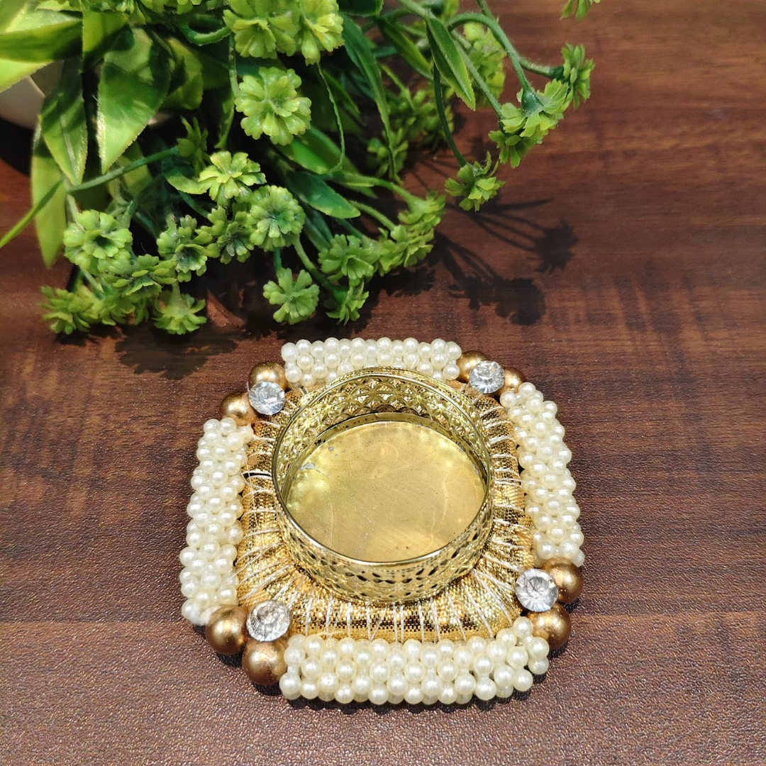 Fancy Metal Diya - Gold and Pearls - Set of 5 pcs
