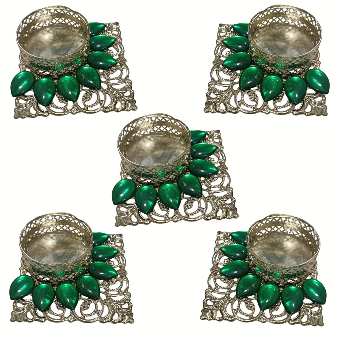 Fancy Metal Diya - Gold & Green - Set of 5 pcs