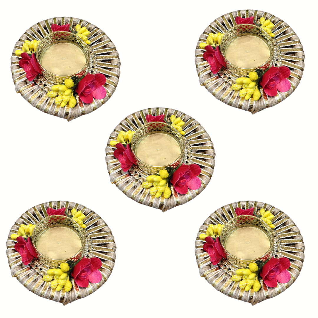 Fancy Diwali Diya with Gota Patti, Rose and Pollen - Set of 5 pcs