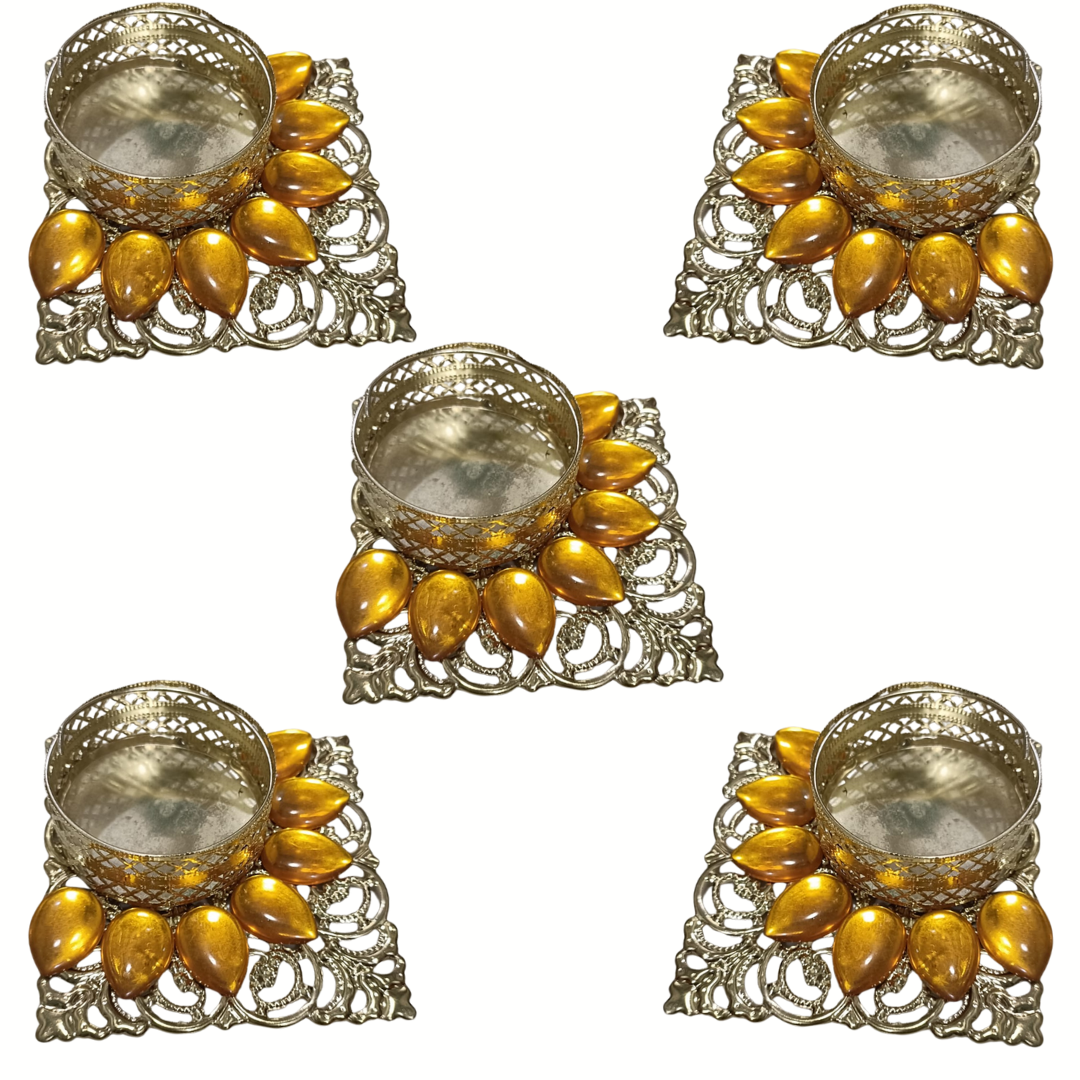 Fancy Metal Diya - Yellow - Set of 5 pcs