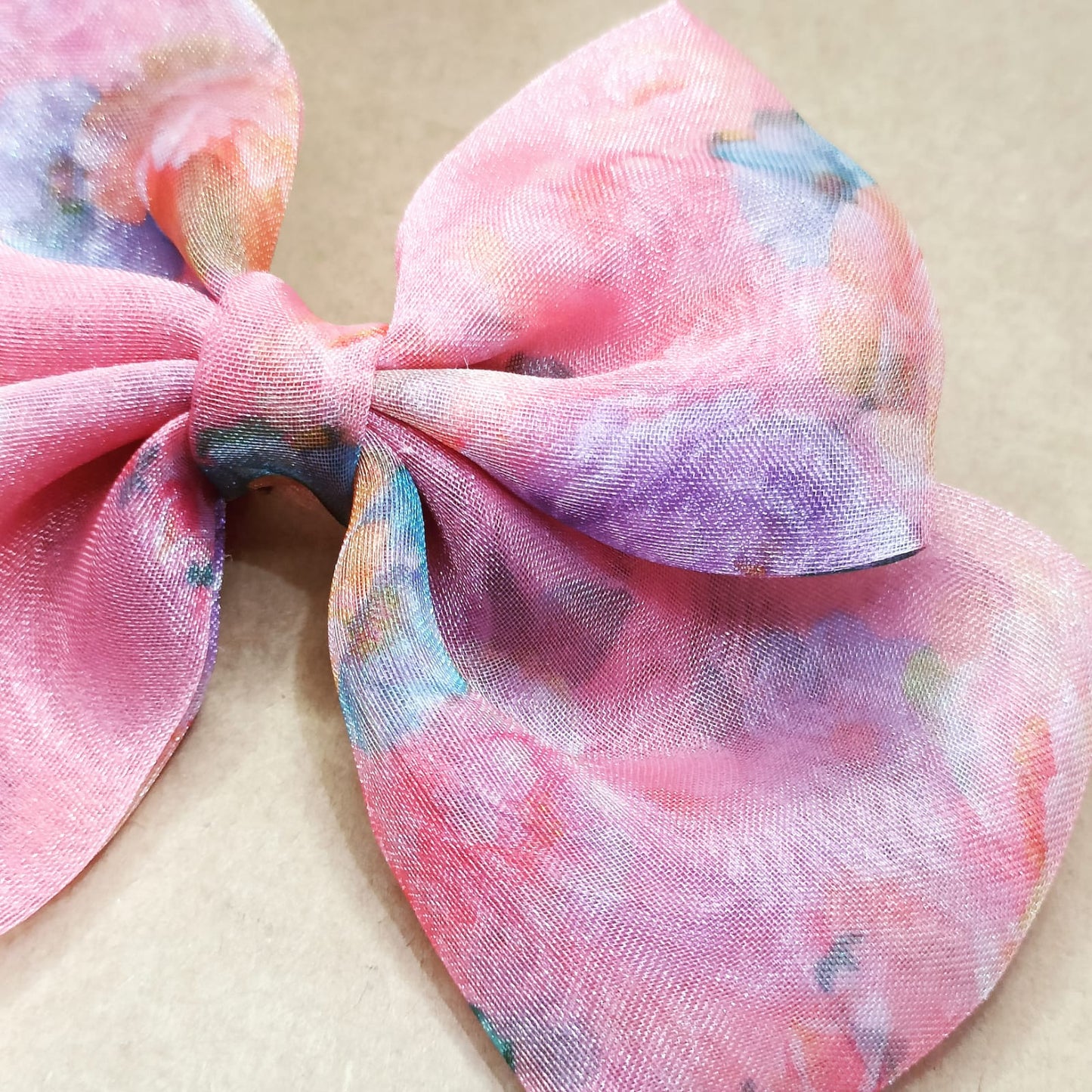 Printed Organza Hair Bow - Peachy Floral