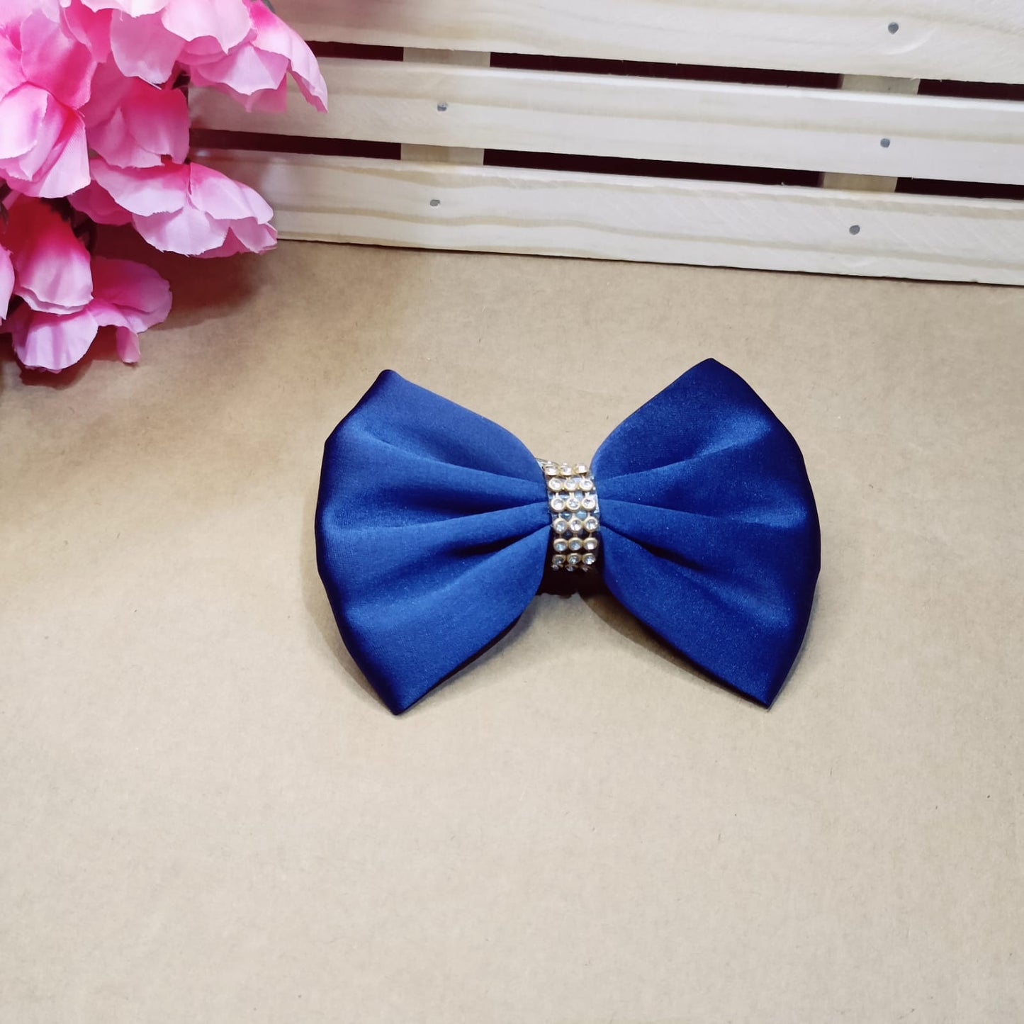 Victoria Crystal Satin Bow - Navy Blue