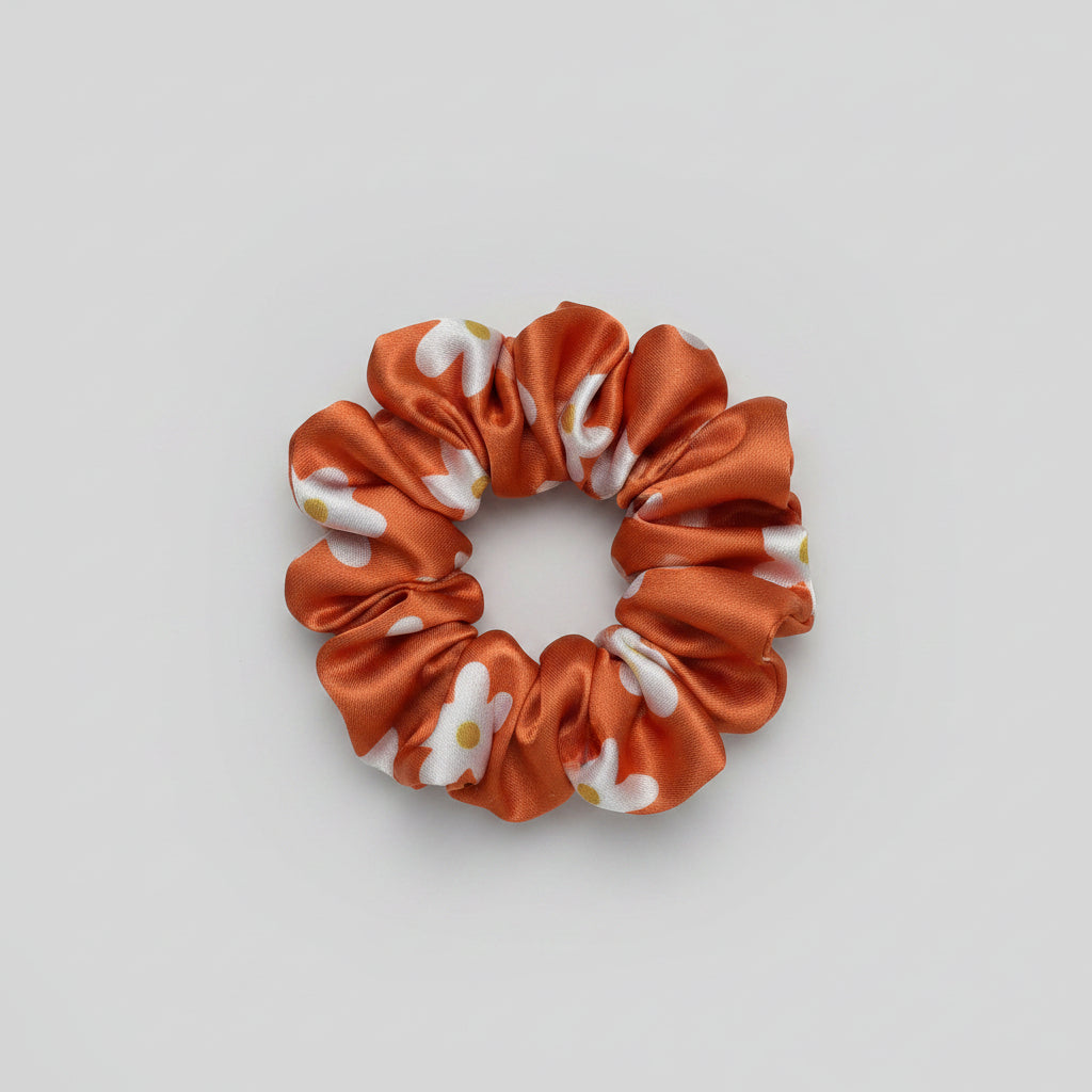 Satin Scrunchie Orange with floral Print - 1 pc