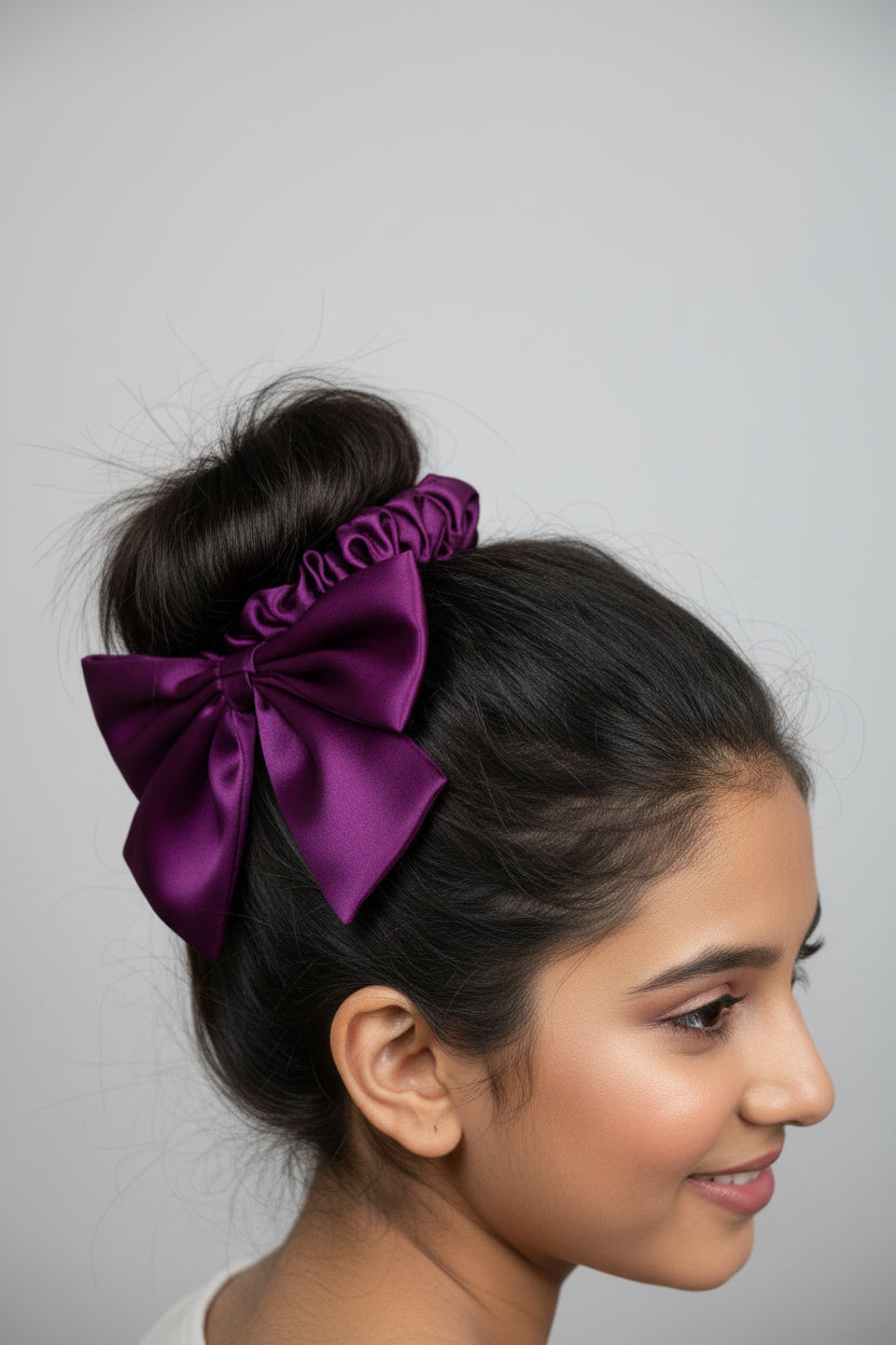 Purple Satin Bow Scrunchie - 1 pc