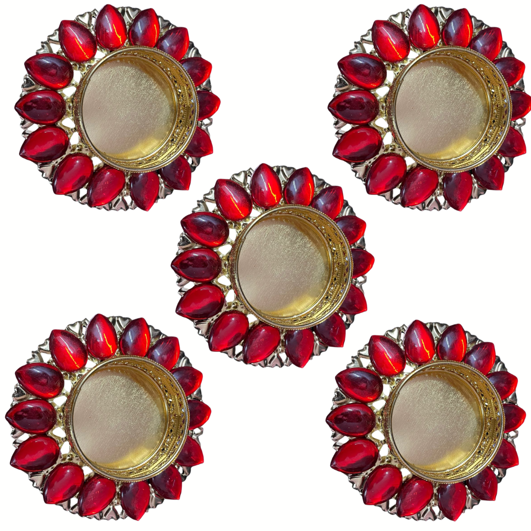 Fancy Metal Diya - Red - Set of 5 pcs