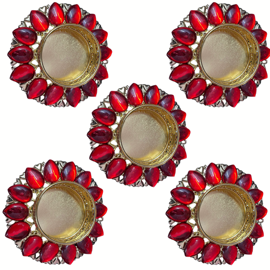 Fancy Metal Diya - Red - Set of 5 pcs