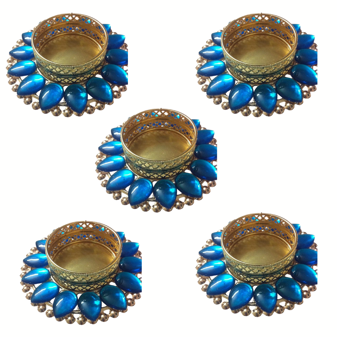 Fancy Metal Diya - Blue - Set of 5 pcs