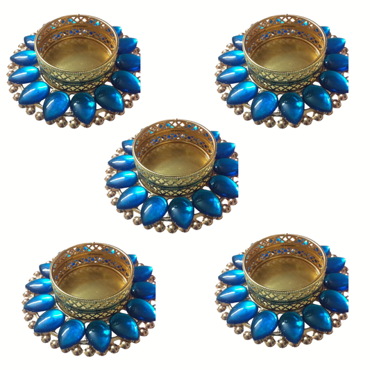 Fancy Metal Diya - Blue - Set of 5 pcs