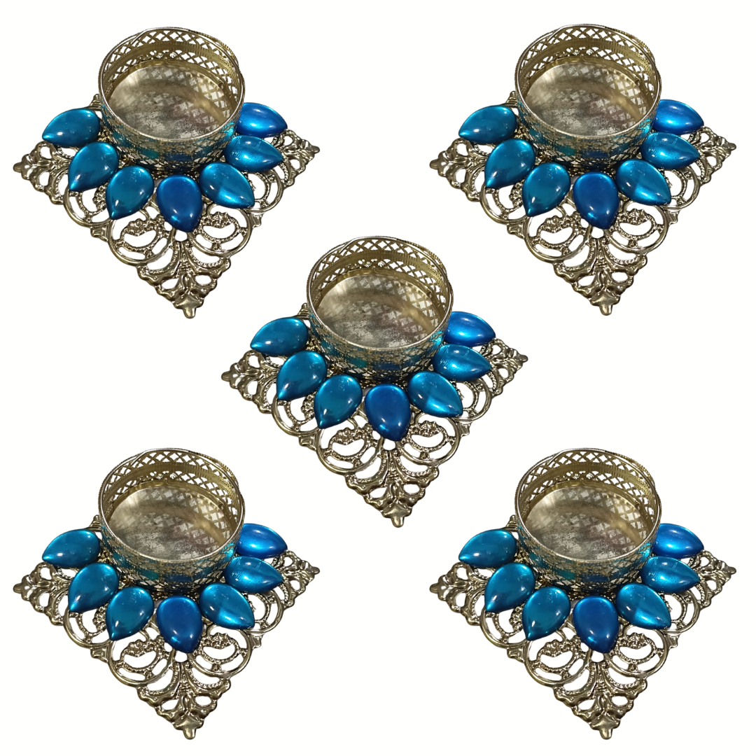 Fancy Diwali Diya - Blue stone - Set of 5 pcs