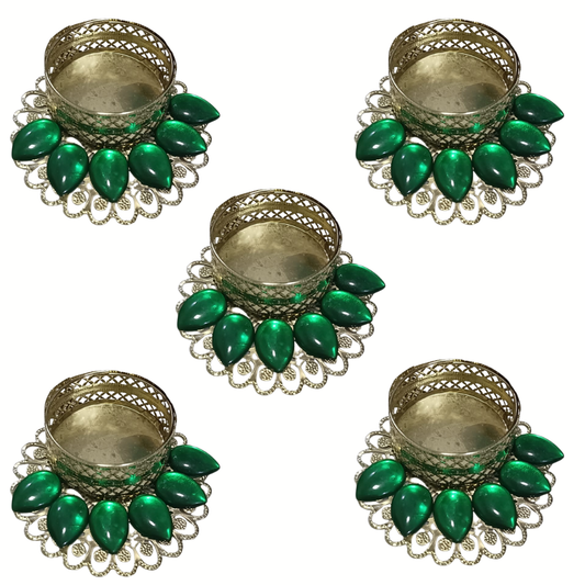 Fancy Metal Diya - Green stones - Set of 5 pcs