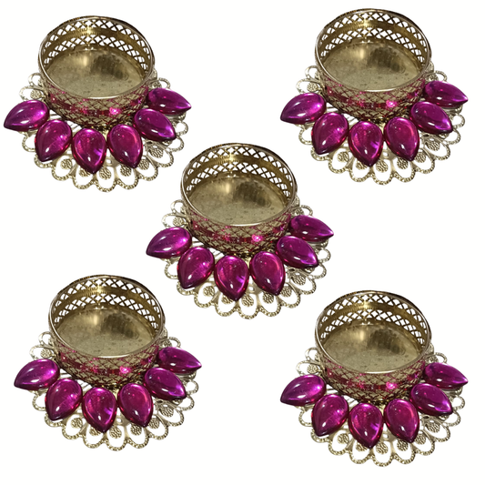 Fancy Diwali Diya - Pink Stones - Set of 5 pcs