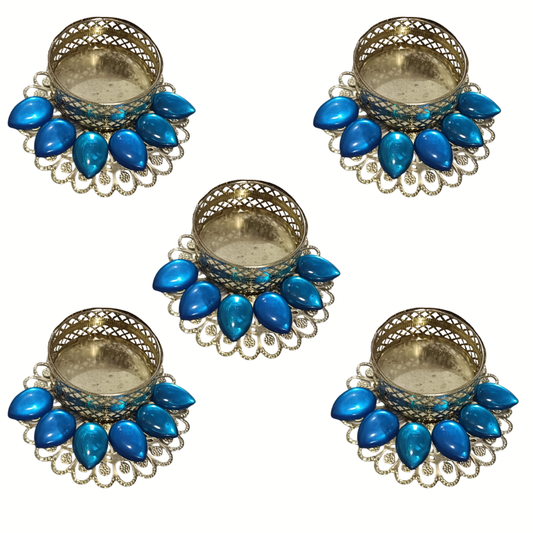 Fancy Diwali Diya - Blue stones - Set of 5 pcs