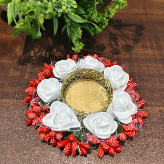 Fancy Diwali Diya - White & Red - Set of 5 pcs