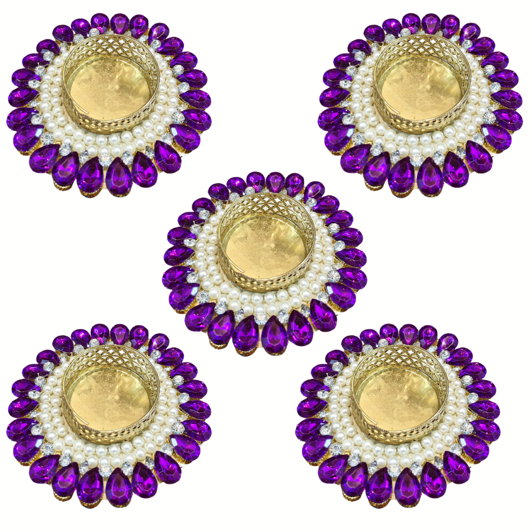 Fancy Diwali Diya - Purple Crystals - Set of 5 pcs