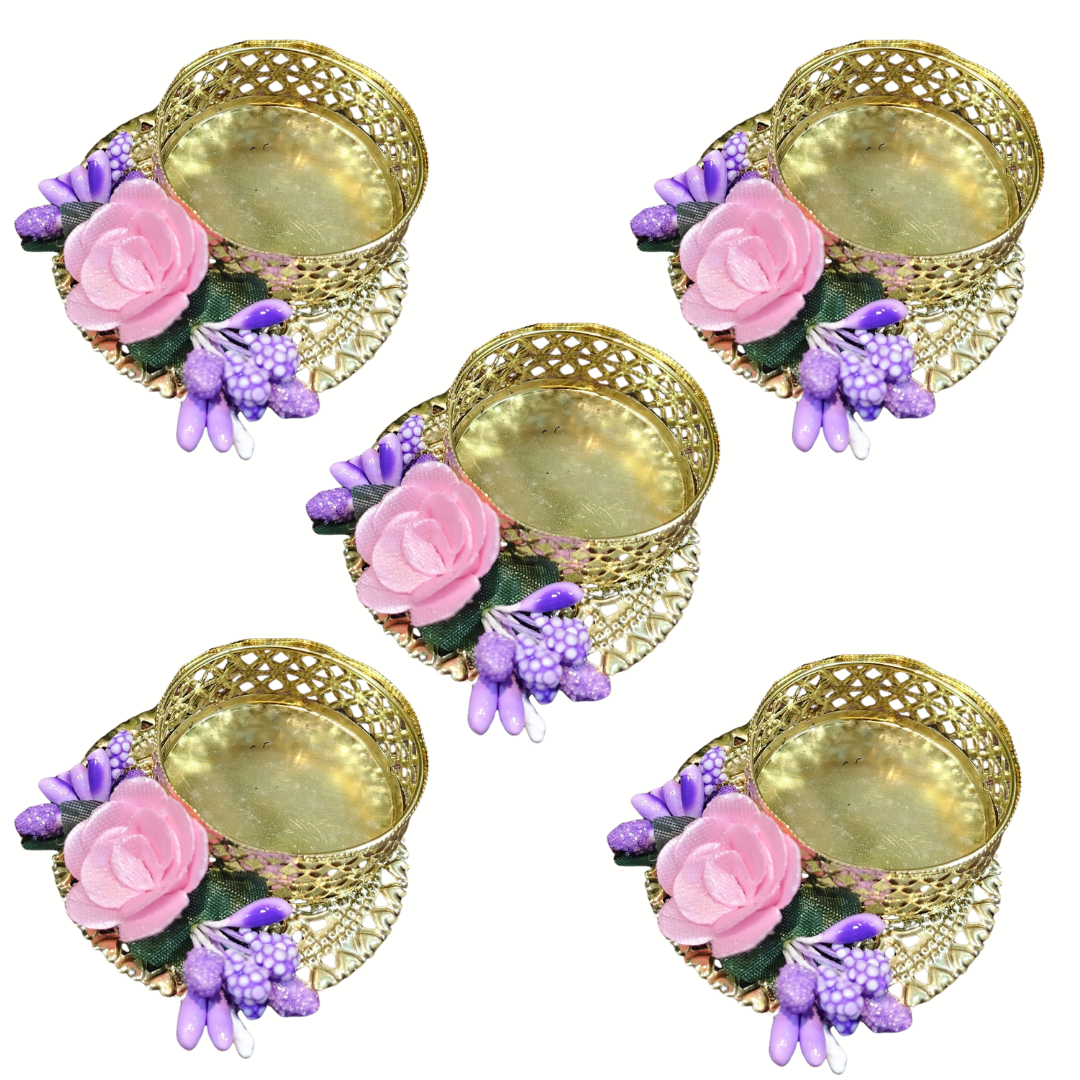Fancy Metal Diya - Pink and Purple - Set of 5 pcs.