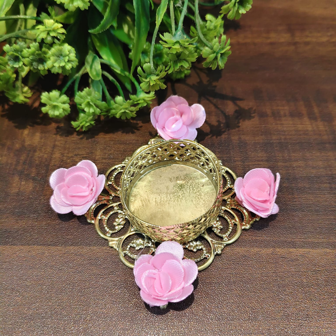 Fancy Metal Diya - Pink Roses - Set of 5 pcs.