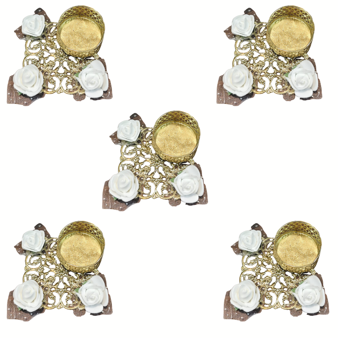 Fancy Metal Diya - White Roses - Set of 5 pcs