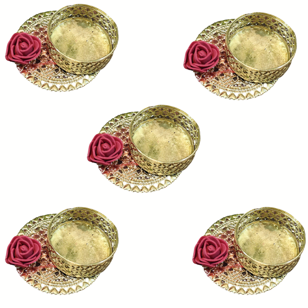 Fancy Metal Diya - Red Rose - Set of 5 pcs