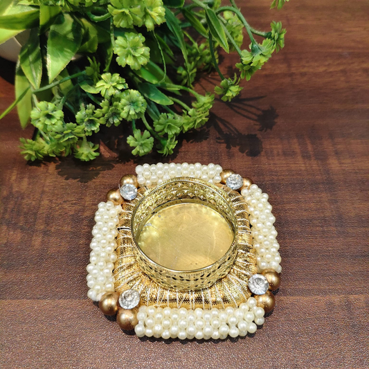 Fancy Metal Diya - Gold and Pearls - Set of 5 pcs