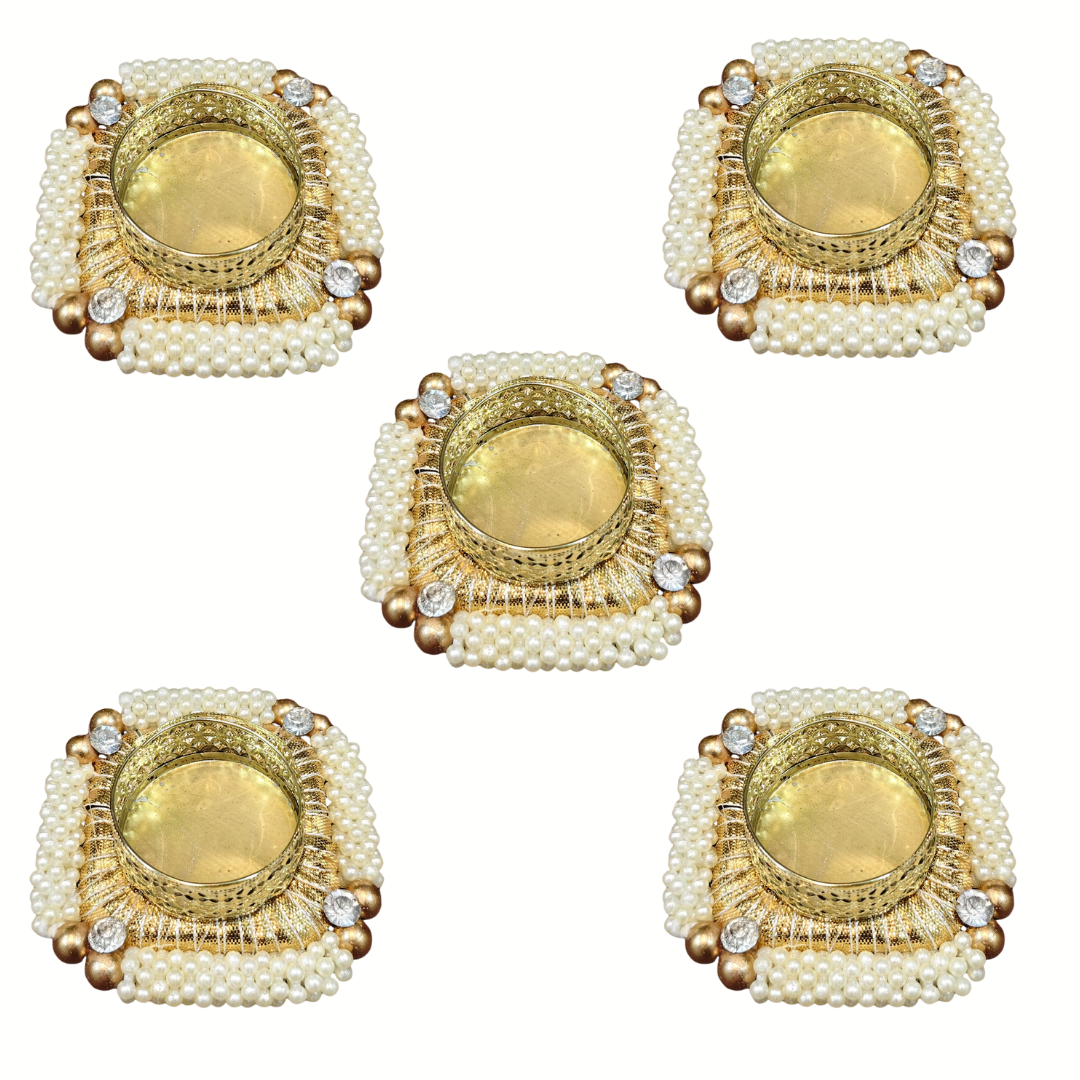 Fancy Metal Diya - Gold and Pearls - Set of 5 pcs