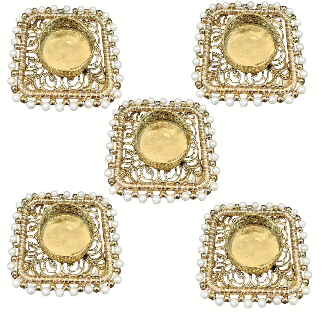 Fancy Metal Diya with Pearls - Set of 5 pcs.