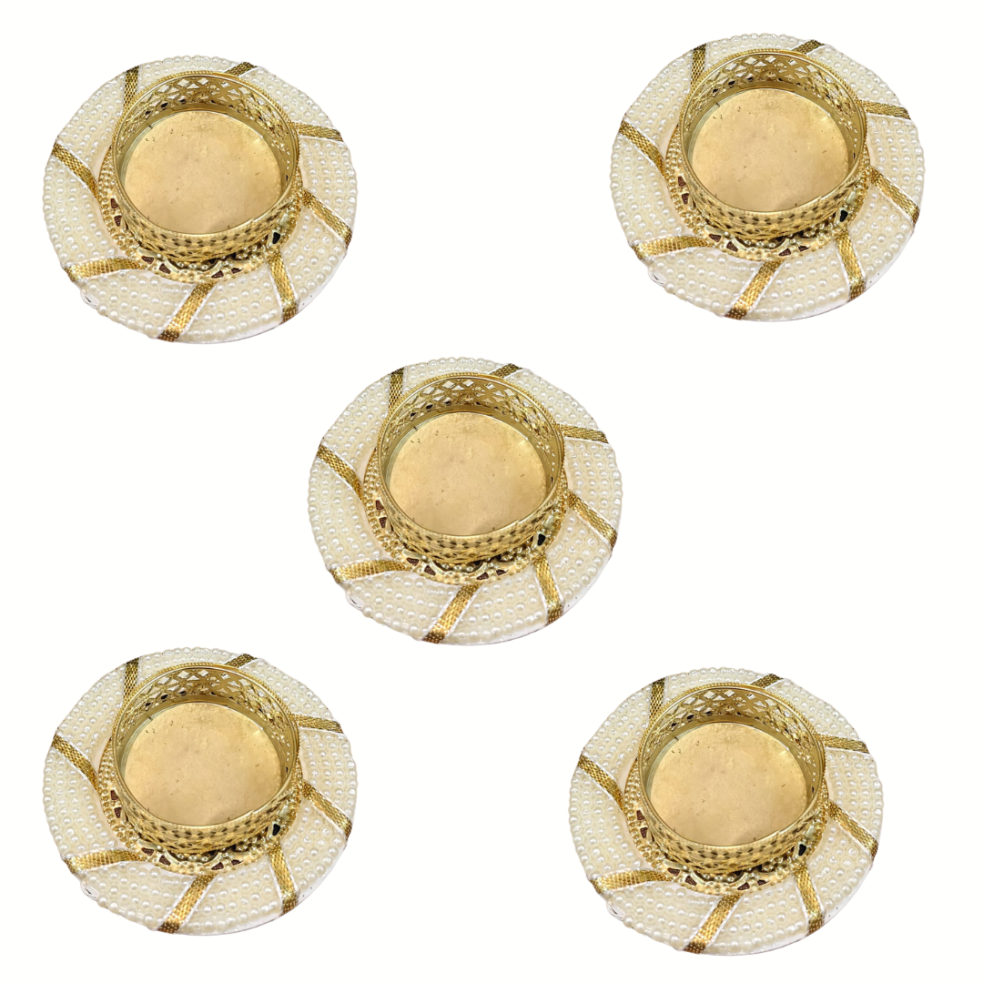 Fancy Diwali Diya - Gold & Pearl -Set of 5 pcs