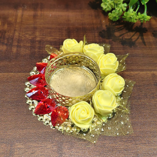 Fancy Metal Diwali Diya in Yellow and Red - Set of 5 pcs