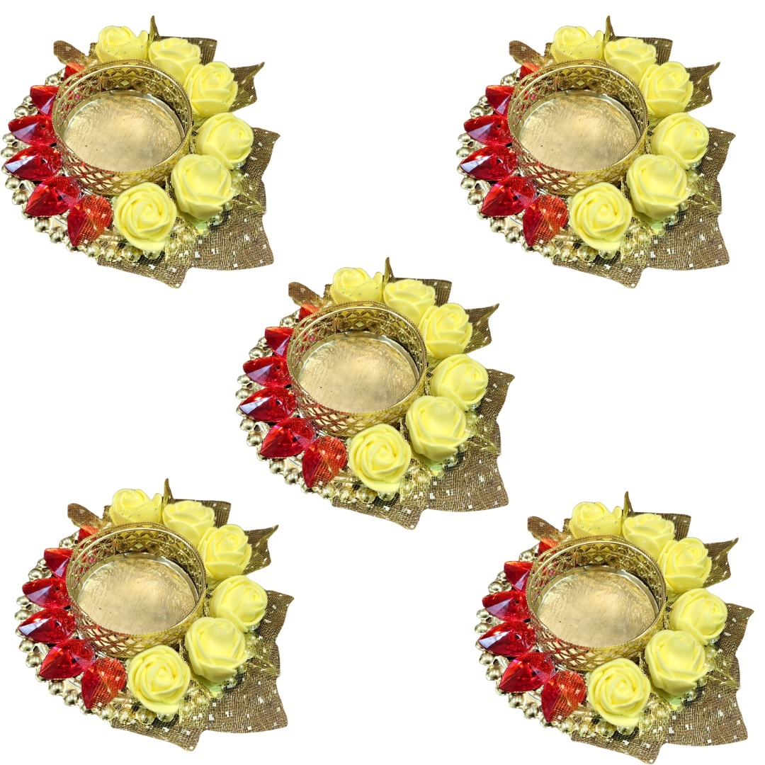 Fancy Metal Diwali Diya in Yellow and Red - Set of 5 pcs