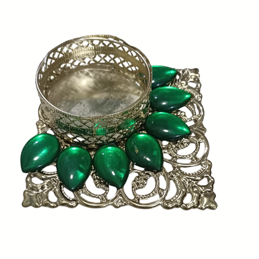 Fancy Metal Diya - Gold & Green - Set of 5 pcs