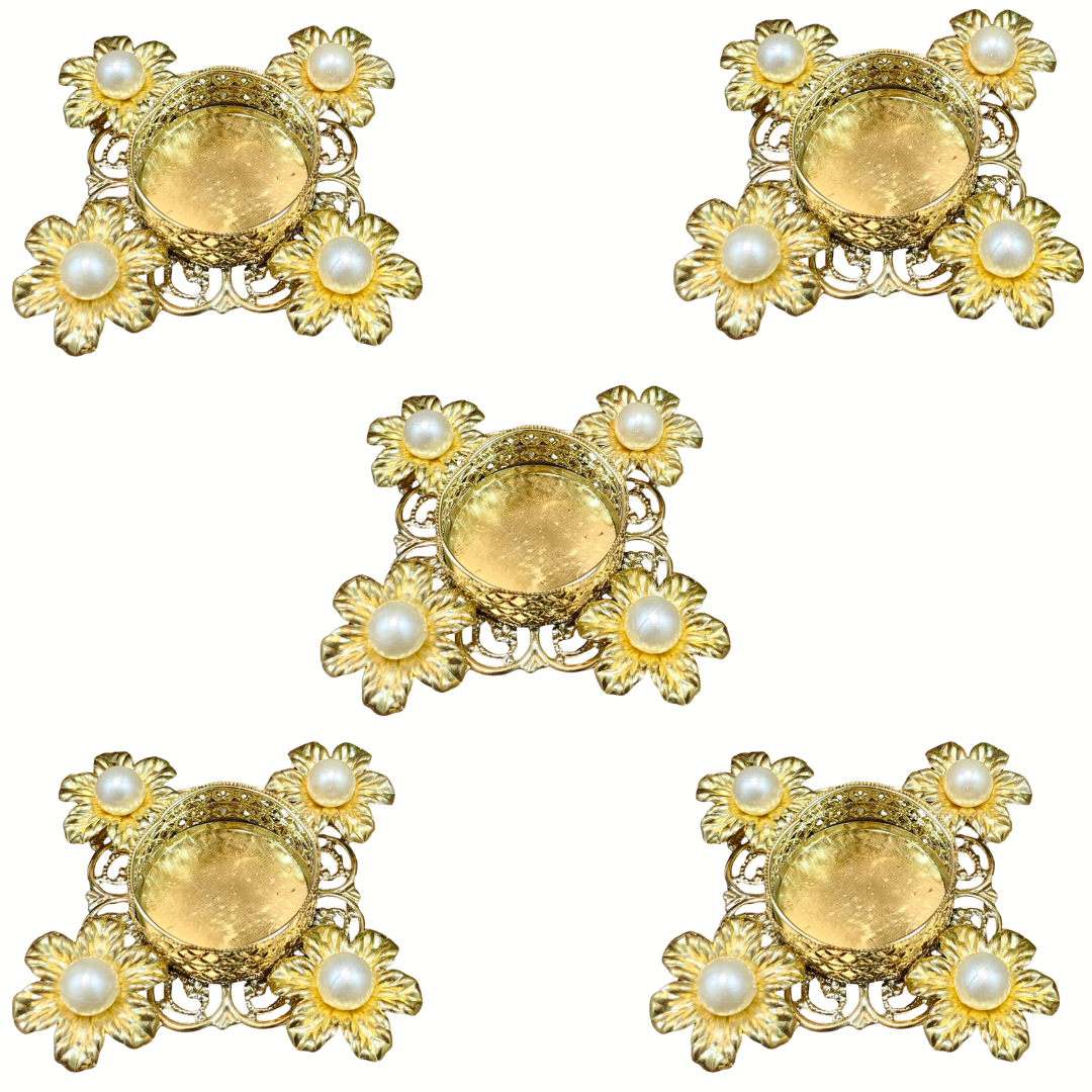 Golden Flower Metal Diwali Diya - Set of 5 pcs