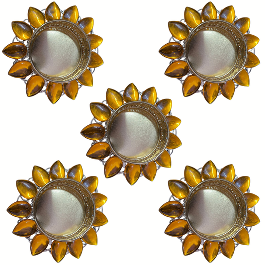 Fancy Metal Diya - Yellow - Set of 5 pcs