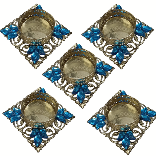 Fancy Metal Diya - Blue - Set of 5 pcs