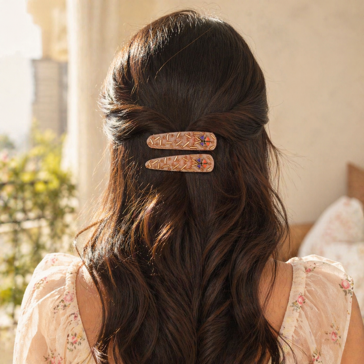 Peach Hand-Embroidered Hair Clip For Women - 1 Pair