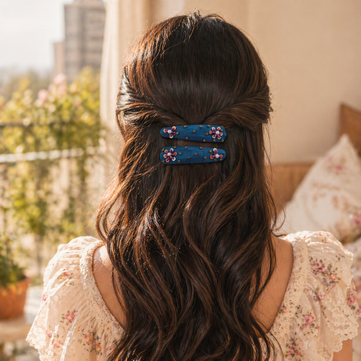 Blue Hand-Embroidered Hair Clip For Women - 1 Pair