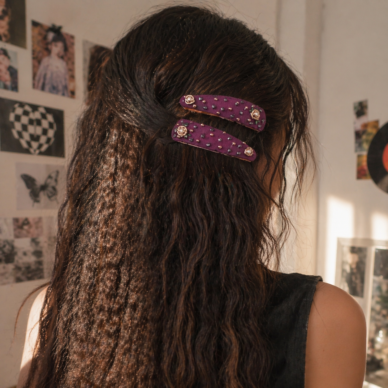 Purple Hand-Embroidered Hair Clip For Women - 1 pair