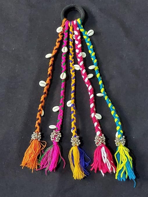 Navratri Hair Braids Multicolour - 1 set (set of 5 braids attached to a rubber band)