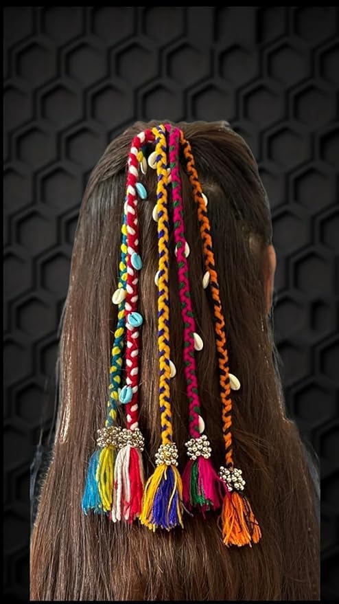 Navratri Hair Braids Multicolour - 1 set (set of 5 braids attached to a rubber band)