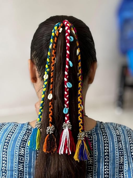 Navratri Hair Braids Multicolour - 1 set (set of 5 braids attached to a rubber band)