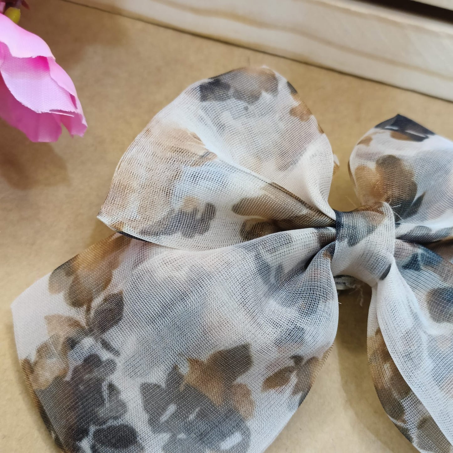 Printed Organza Bow - Beige