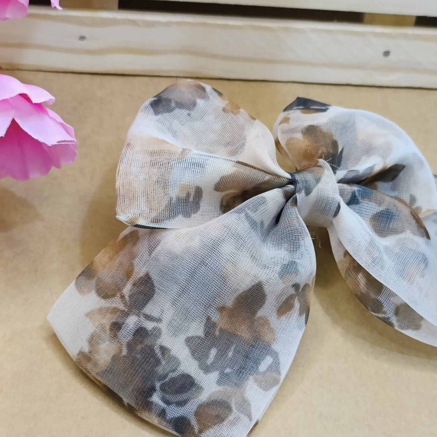 Printed Organza Bow - Beige