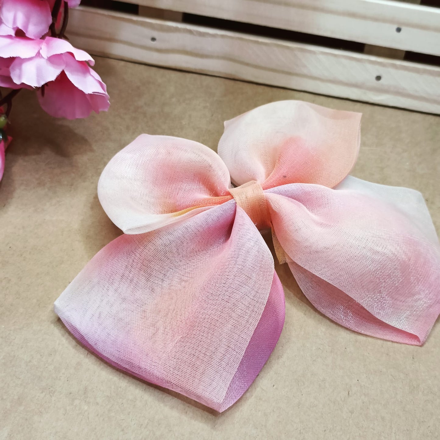 Printed Organza Hair Bow - Blush
