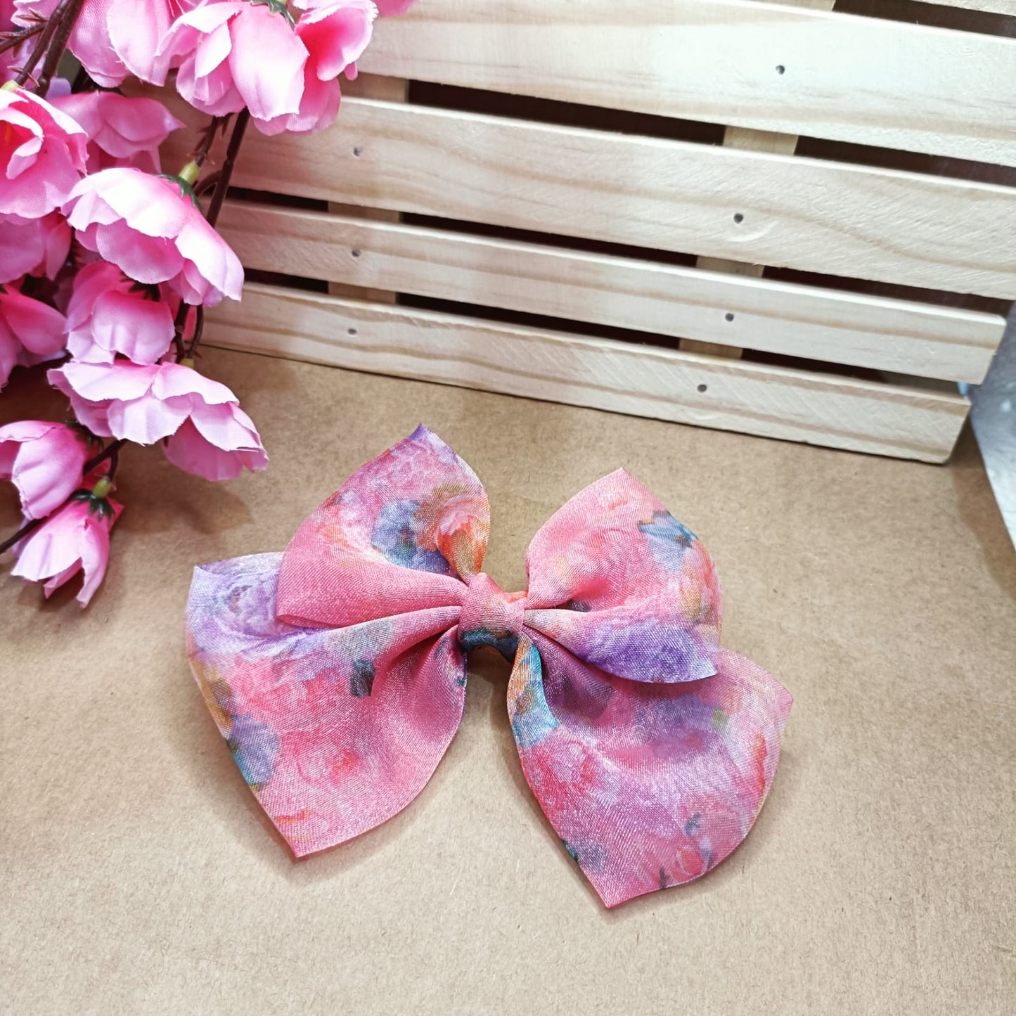 Printed Organza Hair Bow - Peachy Floral