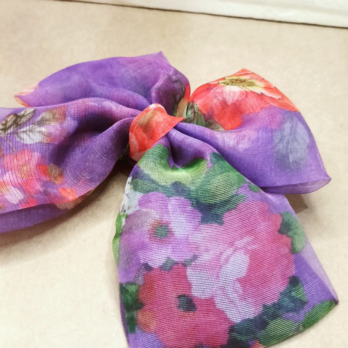 Printed Organza Hair Bow - Purple