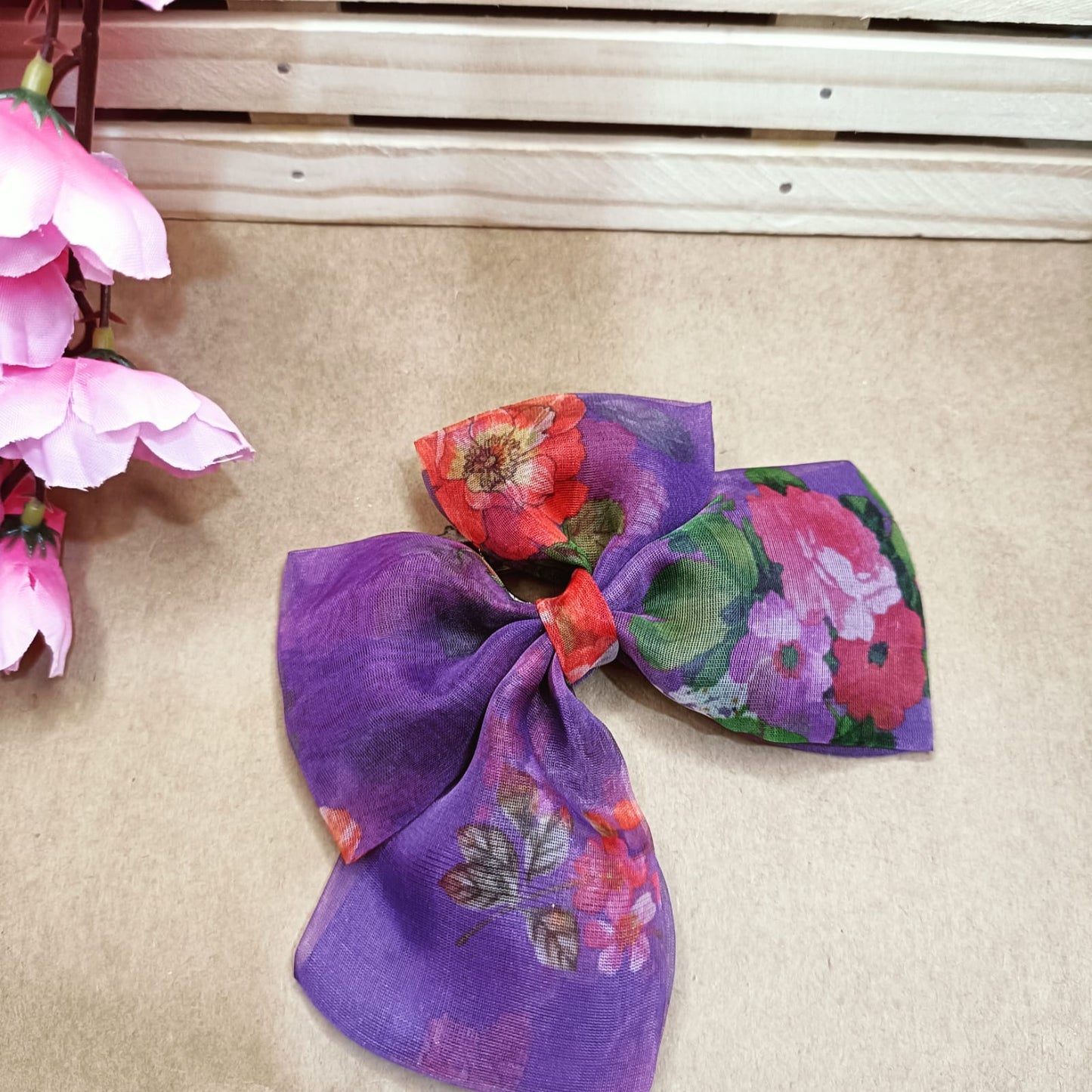 Printed Organza Hair Bow - Purple